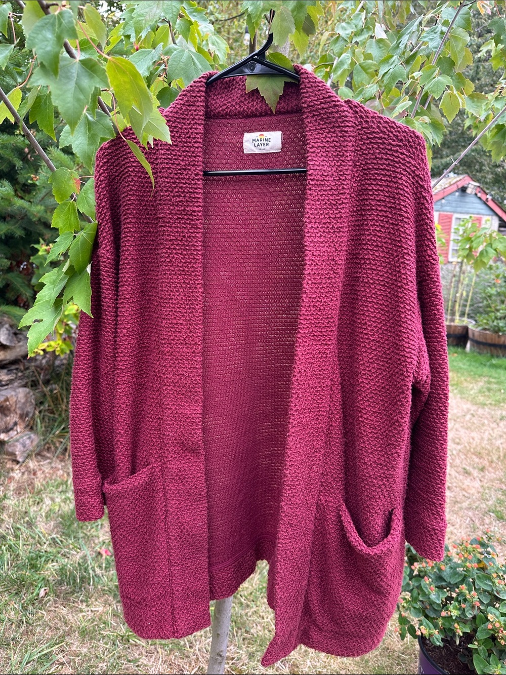 Marine Layer Open-Front BIRDSEYE Cardigan Knit Sweater - Wine